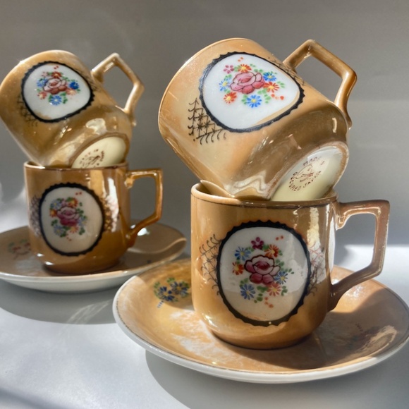 Japanese Orange Porcelain Lustreware 4 Demitasse Cups & 2 Saucers, 1940's - Picture 8 of 13